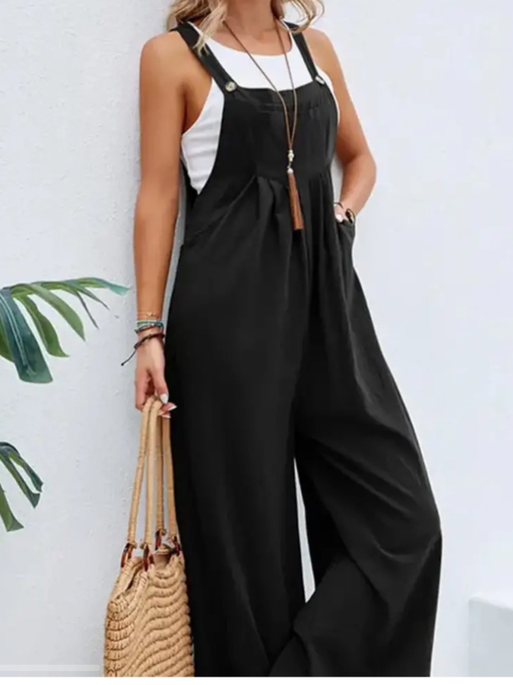 Doublju Black Wide-Leg Overalls Jumpsuit
